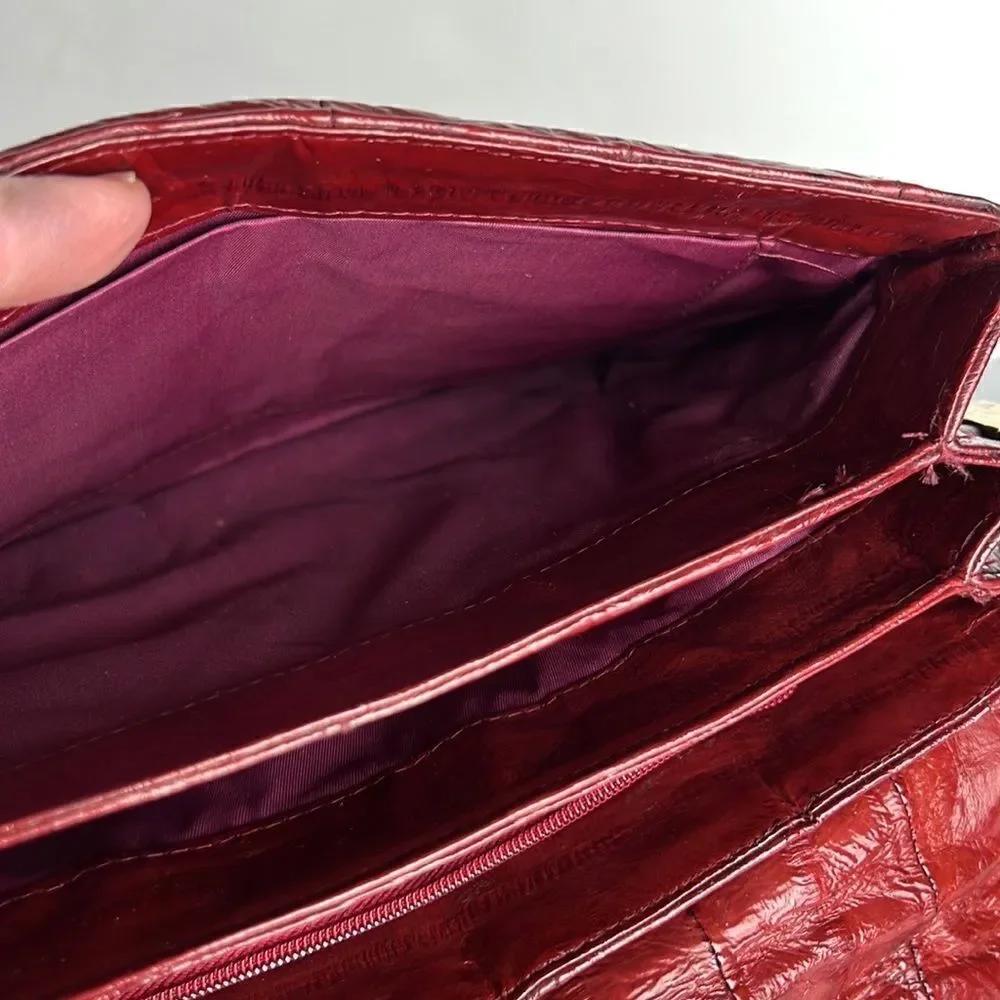 Vintage Real Eel Skin Maroon Clutch Shoulder Bag Purse